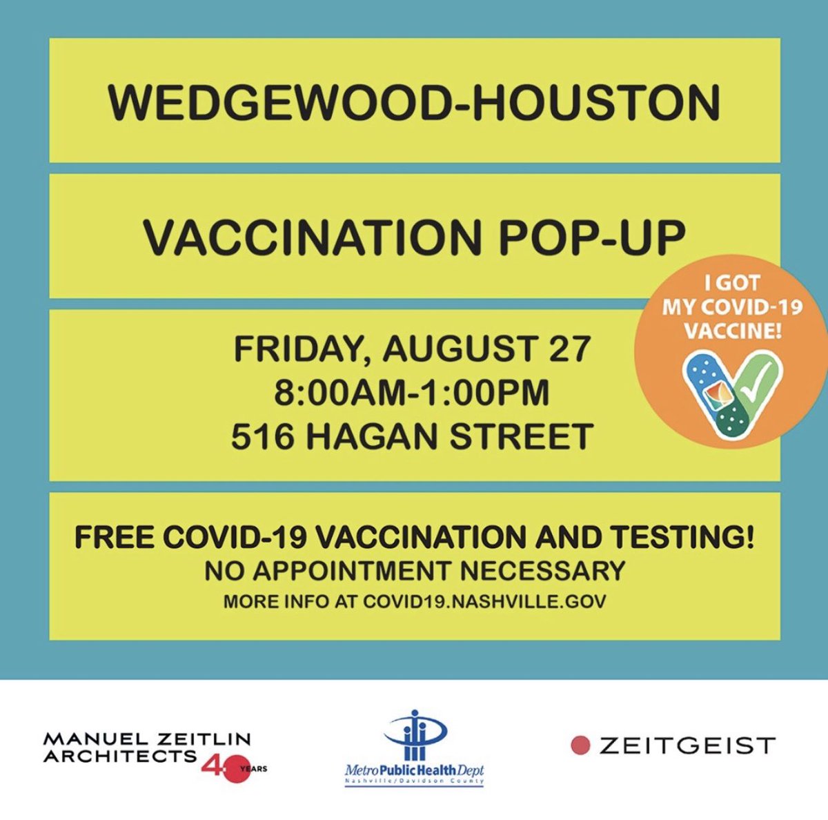 MZArchitects's tweet image. Free COvID vaccines and testing today from @NashvilleHealth