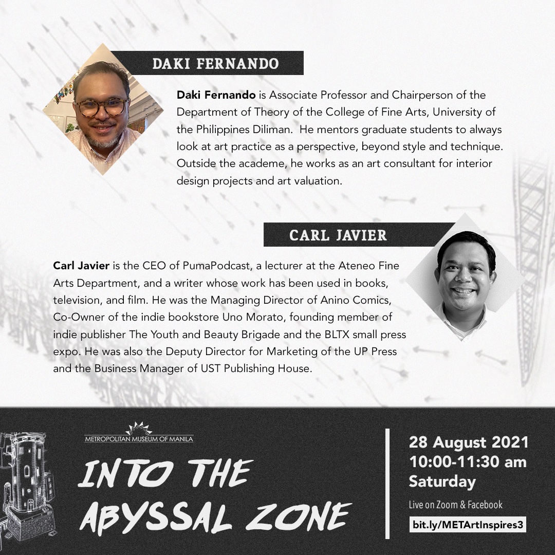 MetMuseumManila's tweet photo. The conversation will bring in our speakers’ backgrounds on art history and theory with Prof. Daki Fernando, as well as comics, geek-culture media, and popular culture with Mr. Carl Javier.

How will these inform and expand the way we look at contemporary art? https://t.co/Ki68pTgydd