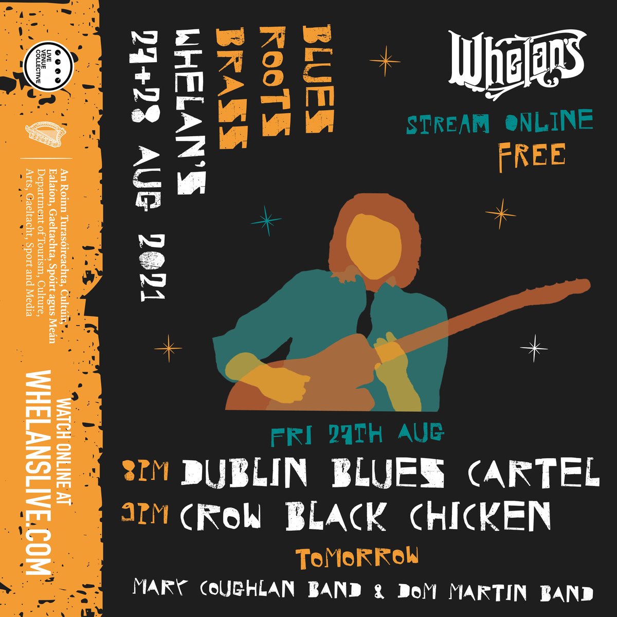 Stream online: Whelan’s Blues Roots & Brass 2021 Tonight 20:00 – DUBLIN BLUES CARTEL 21:00 – @crowblackband SAT 28th: 20:00 – @mary_coughlan4 BAND 21:00 – @MusicDomMartin BAND Stream Online for Free! whelanslive.com/index.php/stre… Funded by @DeptCulturelRL