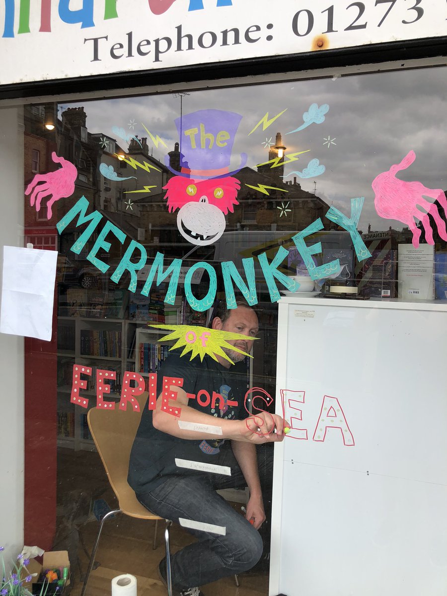 booknookhove's tweet photo. LOOK Eerie-on-Sea’s Mermonkey is making an appearance in our window - this is so exciting!! @ThomasHTaylor @WalkerBooksUK Watch this space to see the final image…! https://t.co/UOocQl7bE3
