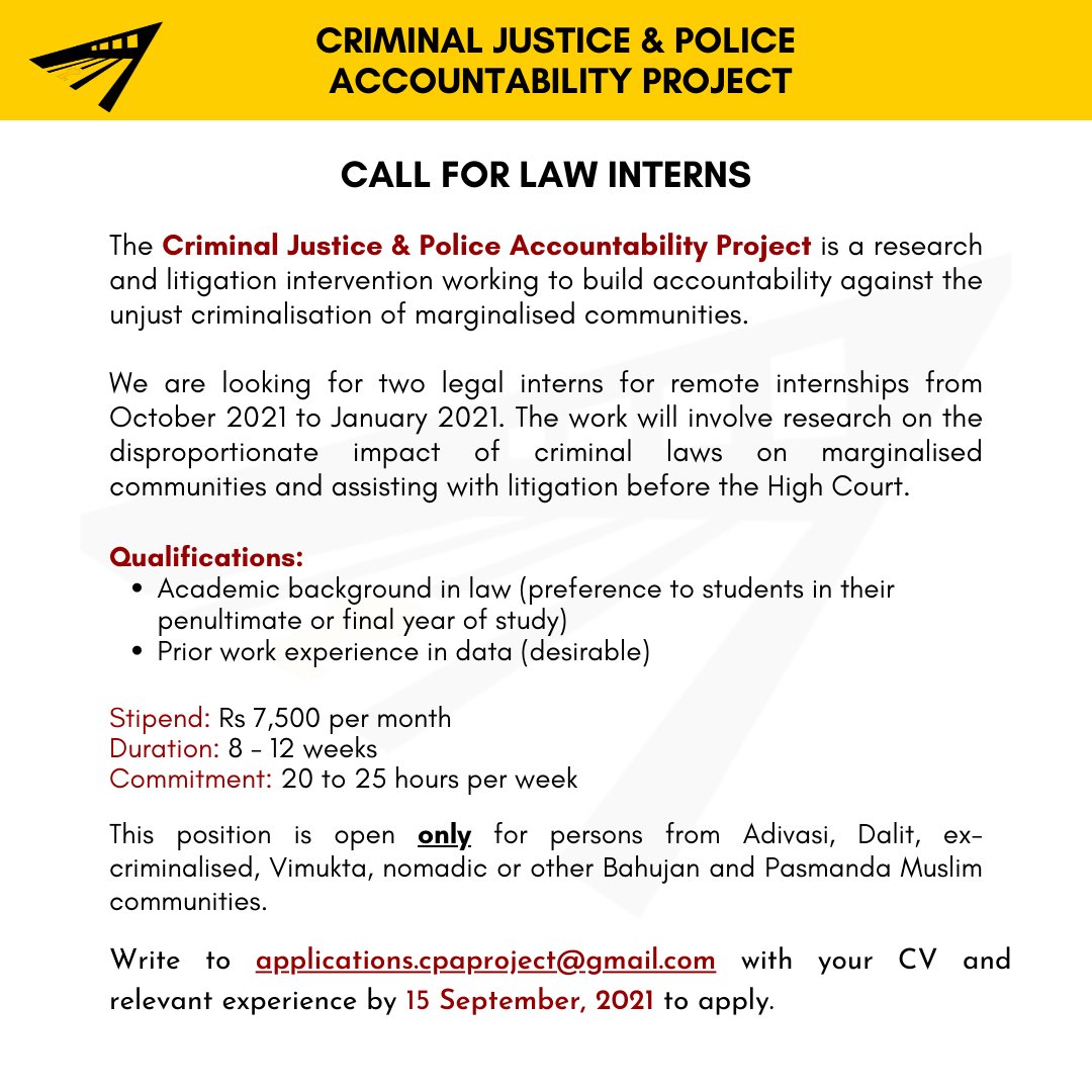 CPAProjectIndia's tweet photo. Calling for law interns! 

We are opening applications for two remote internship positions starting October '21. Write to applications.cpaproject@gmail.com with CV and relevant experience by 15th September 2021 to apply. 

Further details available in image. https://t.co/NGQzpwaTBn