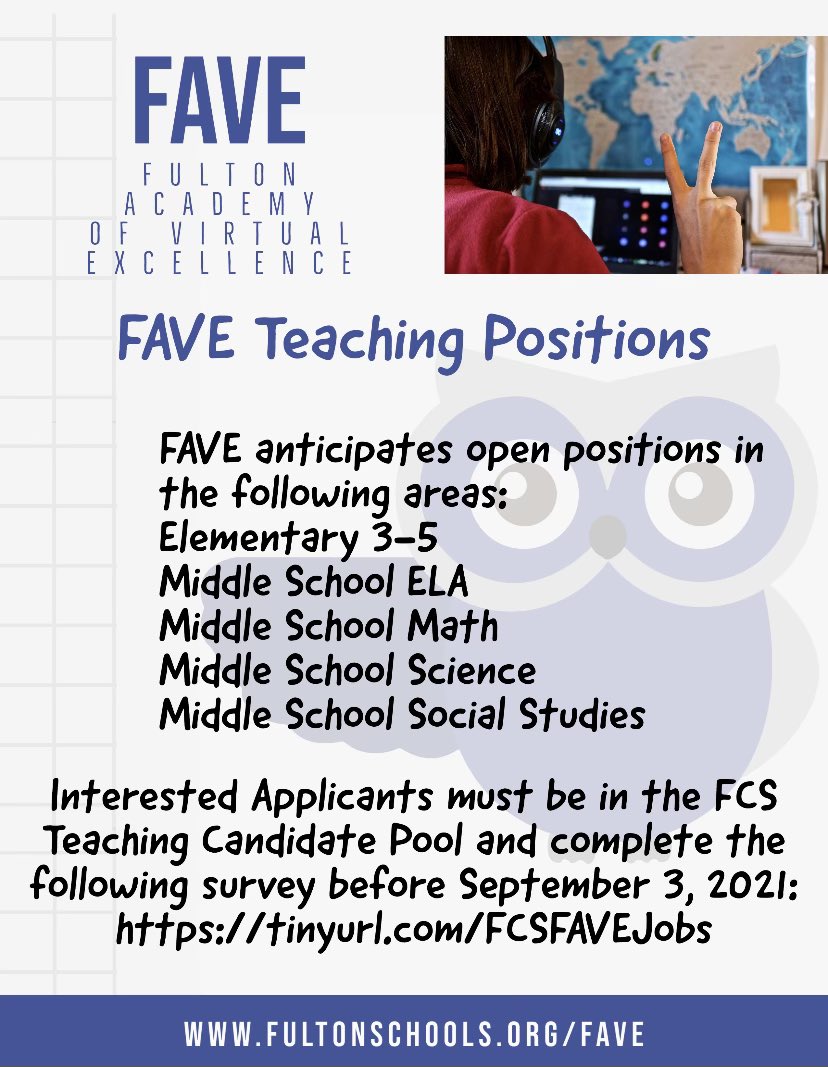 We’re looking for dynamic educators to join our #FAVEFamily! If you’re looking to learn a different way of teaching and meeting students where they are, submit your interest to tinyurl.com/FCSFAVEJobs You must also be in the FCS Teacher Applicant Pool. <a href="/FCS_FAVE/">Fulton Academy of Virtual Excellence</a> <a href="/gyimah_whitaker/">Dr. Gyimah Whitaker</a>
