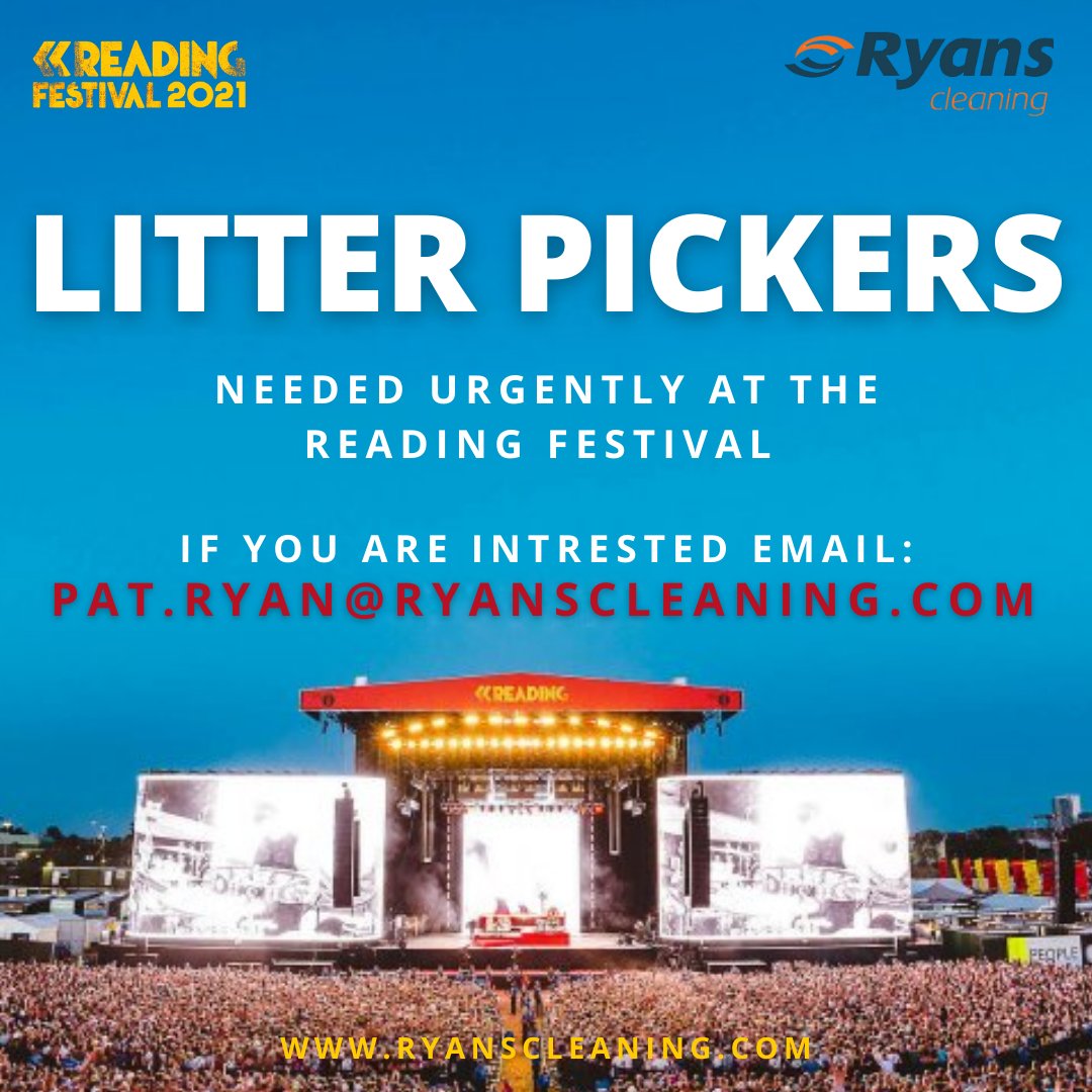 Ryans Cleaning Waste & Recycling (@ryanscleaning) on Twitter photo Have no plans this weekend, why not get involved and become a litter picker. ♻️
Litter Pickers are needed for this weekend's Reading Festival.
If you are interested email PAT.RYAN@RYANSCLEANING.COM now!
@officialRandL
#litterpicker #jobpost #RCWR #readingfestival2021 Have no plans this weekend, why not get involved and become a litter picker. ♻️
Litter Pickers are needed for this weekend's Reading Festival.
If you are interested email PAT.RYAN@RYANSCLEANING.COM now!
@officialRandL
#litterpicker #jobpost #RCWR #readingfestival2021