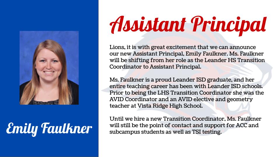 LeanderHS's tweet photo. Lions, please welcome Emily Faulkner as our new Assistant Principal! https://t.co/ylfFOIr573