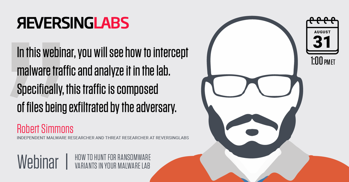 ReversingLabs's tweet image. 🚨 Calling all #ThreatHunters! 🚨
Join us on August 31 and see Rob Simmons @MalwareUtkonos analyze a #extortionware sample that performs #DataExfiltration in his #MalwareLab. 
Register here: hubs.ly/H0W5WDW0 

#ThreatResearchers #MalwareResearch #Ransomware #Webinar