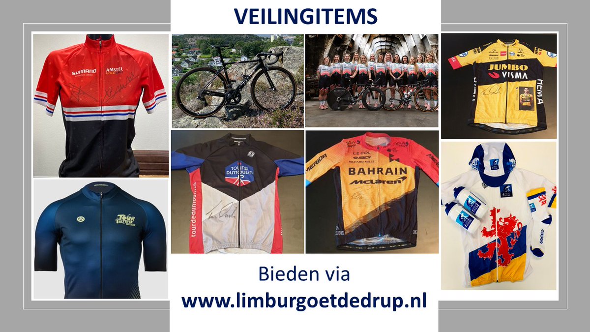 ❗️Wieleritems geveild voor watersnood Limburg zoals:
🚲Carbon frame &amp; VIP dag van <a href="/PushingDreamsNL/">PHVCT</a>  
👕 Gesigneerde shirts van Poels, Dumoulin, Teunissen, Vos en van Aert
💛Limburgs tenue gesigneerd door Janssen, Zoetemelk en Hinault

Info &amp; bieden bit.ly/3zsG4eI
RT = 🙏