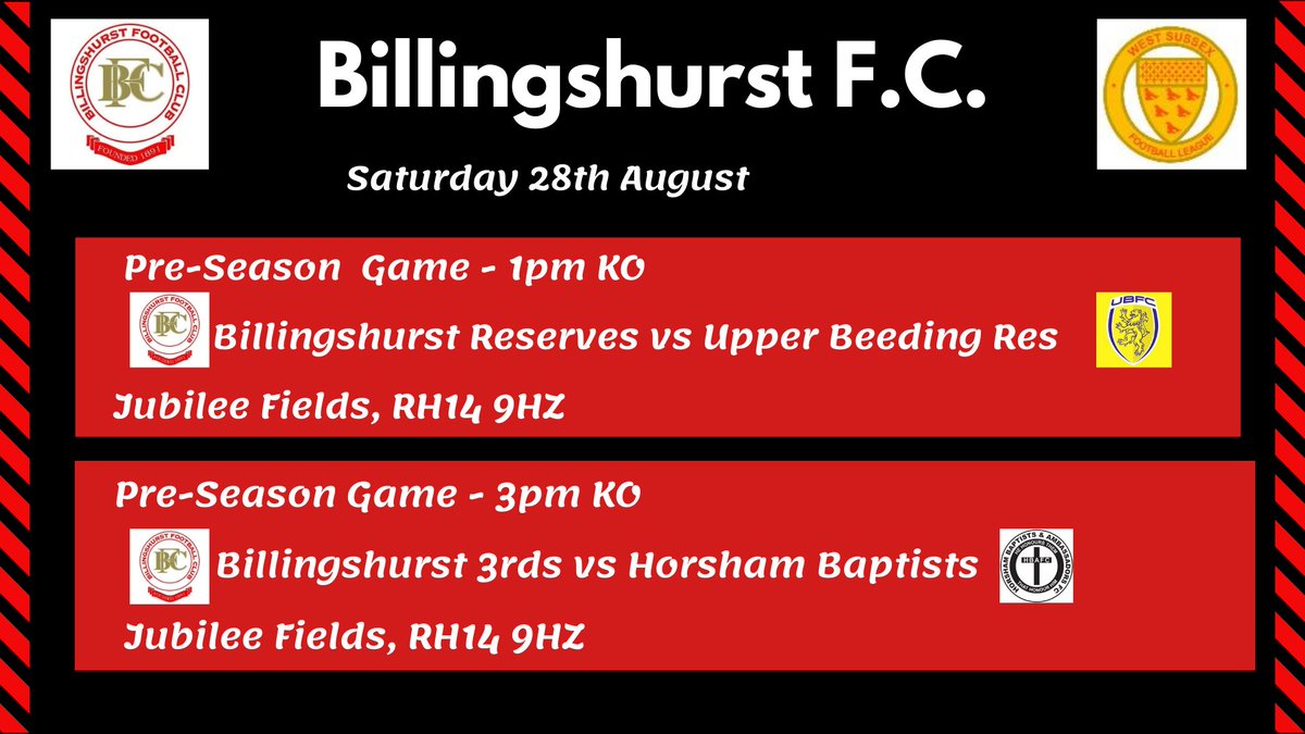 Billingshurstfc's tweet image. Pre-season games this Saturday for Reserves and 3rds
Many thanks to @ubfcres  for stepping in when our earlier opponents dropped out