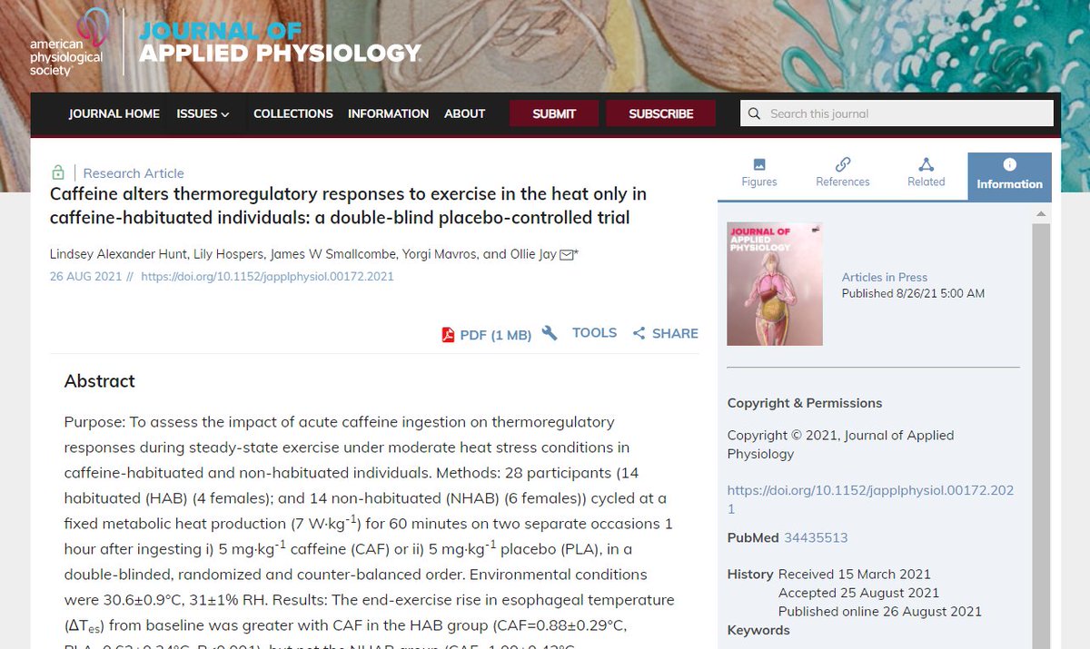 APS Publications (@apspublications) on Twitter photo #Caffeine alters thermoregulatory responses to #exercise in the #heat only in caffeine-habituated individuals: a double-blind placebo-controlled trial (Hunt et al.) - just accepted in <a href="/japplphysiol/">Journal of Applied Physiology</a>
ow.ly/RUlA50FZrCx
#thermoregulation #sweating #Caffeine alters thermoregulatory responses to #exercise in the #heat only in caffeine-habituated individuals: a double-blind placebo-controlled trial (Hunt et al.) - just accepted in <a href="/japplphysiol/">Journal of Applied Physiology</a>
ow.ly/RUlA50FZrCx
#thermoregulation #sweating