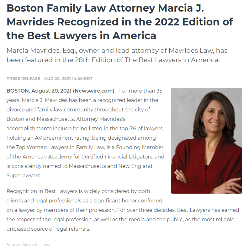 We are proud and honored to announce that Marcia J. Mavrides, our owner and founder, has been featured in the 28th Edition of Best Lawyers in America! Congratulations, Marcia!

#MavridesLaw #BostonLawFirm #Divorce #FamilyLaw #WomenLawyers #TopLawers #BestLawyers