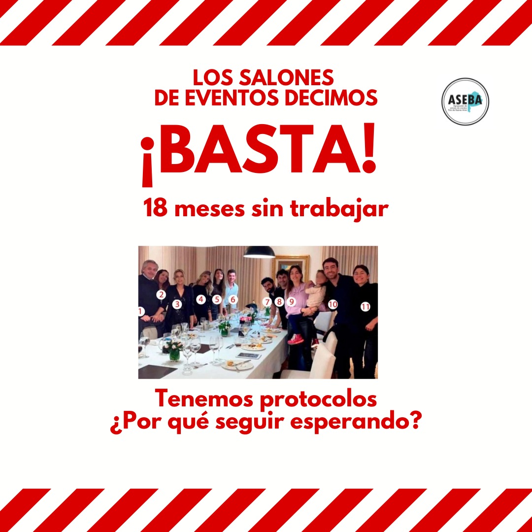 #BASTA #bastadeimpunidad mientras los eventos se realizan en cualquier ámbito.
Las #300milfamilias que se dedican profesionalmente a ello están hasce #18meseseneelolvido.
<a href="/alferdez/">Alberto Fernández</a> <a href="/alferdezprensa/">Alberto Fernández Prensa</a> <a href="/Kicillofok/">Axel Kicillof</a> <a href="/Carli_Bianco/">Carli Bianco</a> <a href="/CostaAugusto9/">Augusto Costa</a> <a href="/GuillermoRabi/">Guille Rabinovich</a>