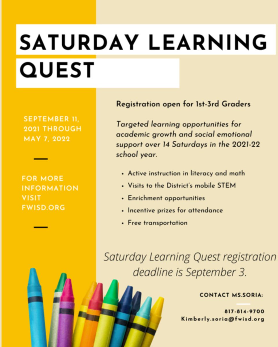 VersiaFWISD's tweet photo. Registration open for 1st-3rd Graders: Targeted learning opportunities for academic growth and social emotional support over 14 Saturdays in the 2021-22 school year. 

Register at: https://t.co/IEtiF5BdDT https://t.co/2zgTzuTiwn