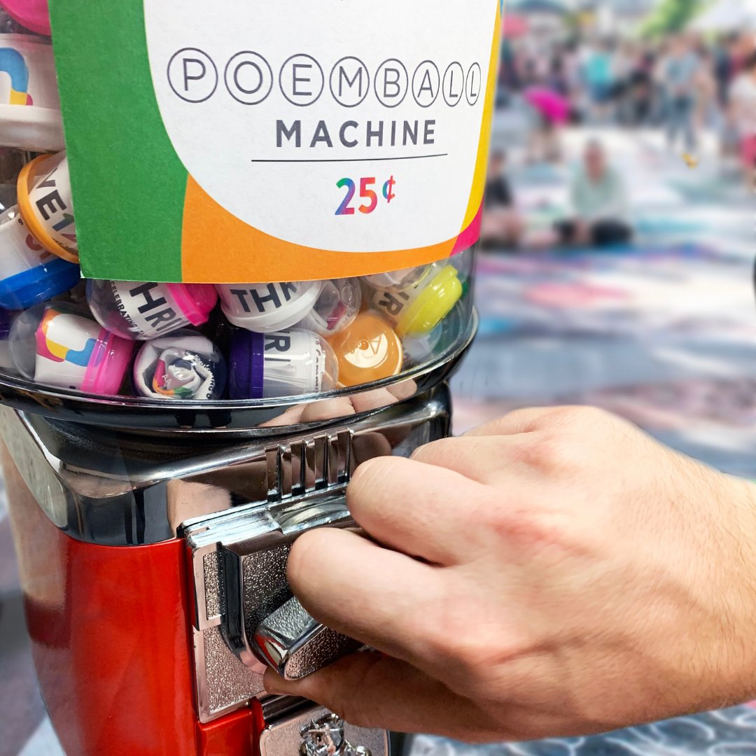 utahbookfest's tweet photo. Step one in our top secret plot for world domination is to slowly populate the world with PoemBall machines! Shoutout to the good folks at Utah Division of Arts and Museums and the writers of #thrive125 for helping to make this happen. Cop your poem at the Utah Arts Fest! https://t.co/QRTOFHsFeY