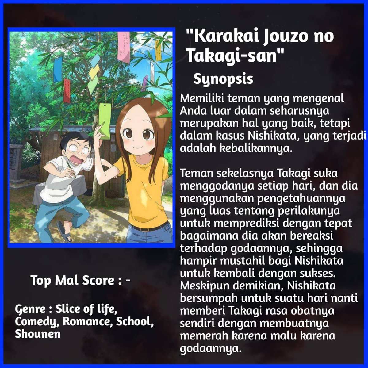 wibu_world's tweet photo. Anime "Karakai Jouzo no Takagi san"

Studio : -

Info lebih lanjut akan diumukan segera

#anime #worldofwibu #wibu #otaku
#wibuindonesia #otakuindo #amvindo
#animelovers #newanime #bestanime #kawaii #karakaijouzunotakagisan #takagisan https://t.co/9MCn8lbTRS