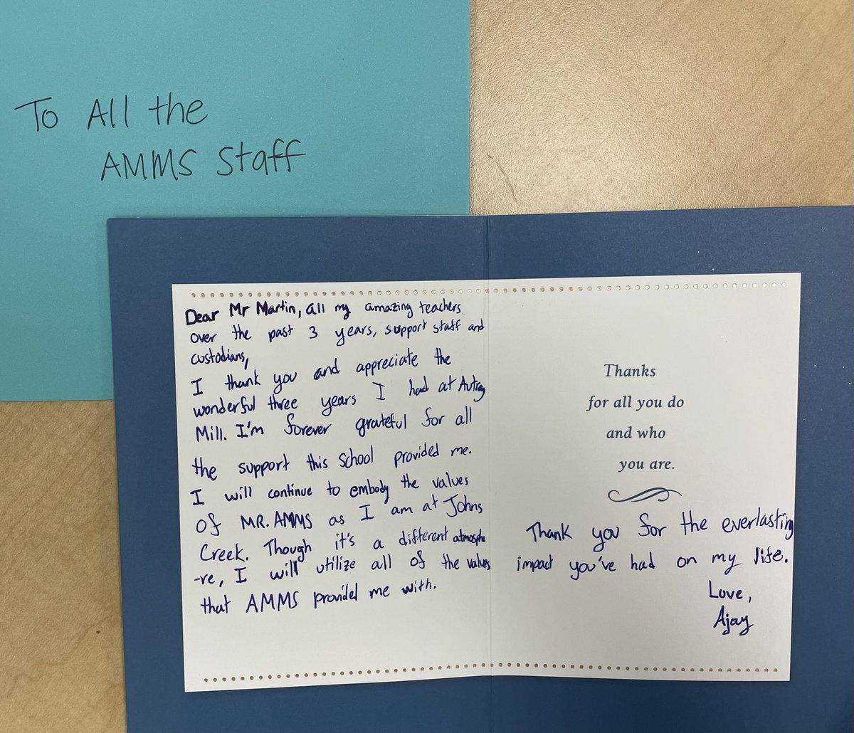 Our staff was shown AGAIN what an amazing community we serve! A former student & his family dropped off donuts & card thanking AMMS for a wonderful experience during his time at the Mill. We are grateful for our students&families.. THANK YOU! @MartinJE86 @FCS_Zone6_Supt