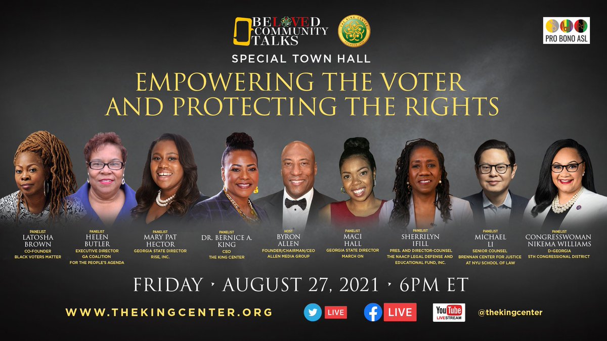 Join us TODAY at 6pm EST! Streaming here and at thekingcenter.org

With <a href="/BerniceKing/">Be A King</a> <a href="/MsLaToshaBrown/">LaTosha Brown</a> @Sifill_LDF <a href="/MaryPatHector/">Mary-Pat</a> <a href="/RepNikema/">Congresswoman Nikema Williams</a> and more. 

Let’s empower the #voter and protect #voting rights.