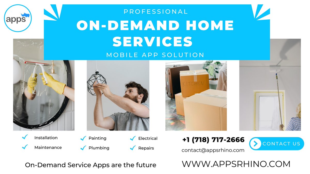 AppsRhino logo, Title "On-Demand Home Services," Pictures of home cleaning,  painting, Light installation, Packaging. Contact details for AppsRhino logo, Services lists. 