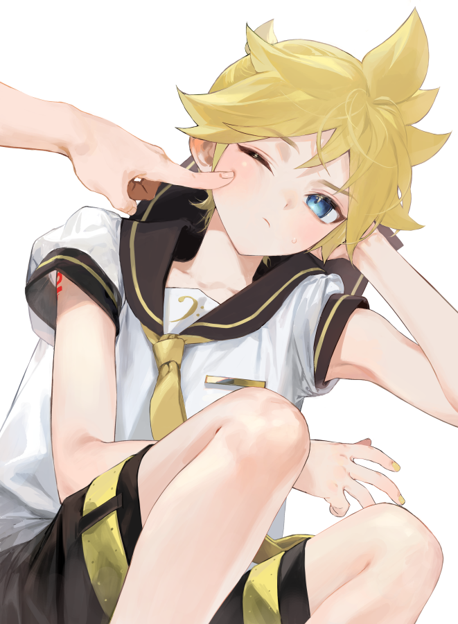 kagamine len blonde hair male focus sailor collar blue eyes bass clef necktie shorts  illustration images