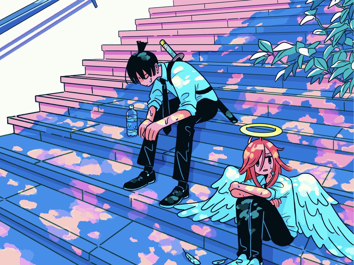 hayakawa aki 2boys multiple boys wings black hair black pants sword sitting on stairs  illustration images