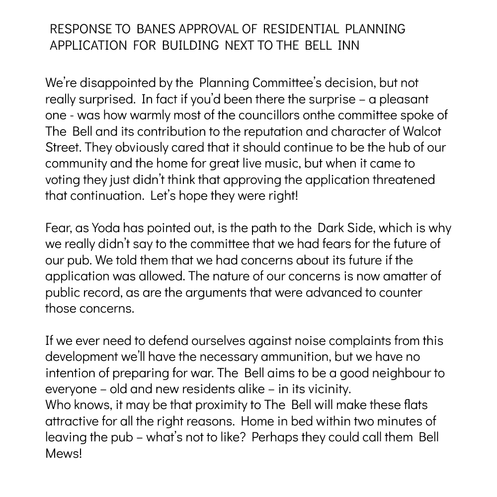 Some of you may have seen the Somerset Live article with the, possibly sensationalist, headline 'Future of live music at Bath pub at risk as flats approved' after residential planning was approved nearby.
Fear not and read our response.
@visitbath <a href="/WeLoveBath/">Love Bath</a> <a href="/InBath/">InBath</a>