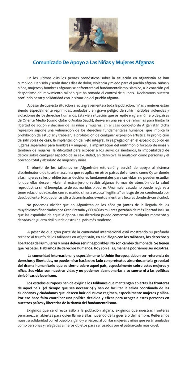 c_asamblea's tweet photo. Manifiesto de apoyo a niñas y mujeres afganas, extensible a tantos lugares del mundo donde los derechos y la libertad no tienen nombre de mujer💜 https://t.co/0OnpU0hvdF