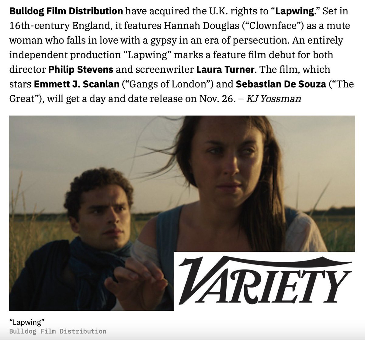 UbApFilms's tweet image. We are delighted to announce that our debut feature film @lapwingmovie is being released in UK cinemas and on VOD on the 26th of November by @Bulldog_Film. Thank you to @Variety_Film for the mention. More news coming soon!