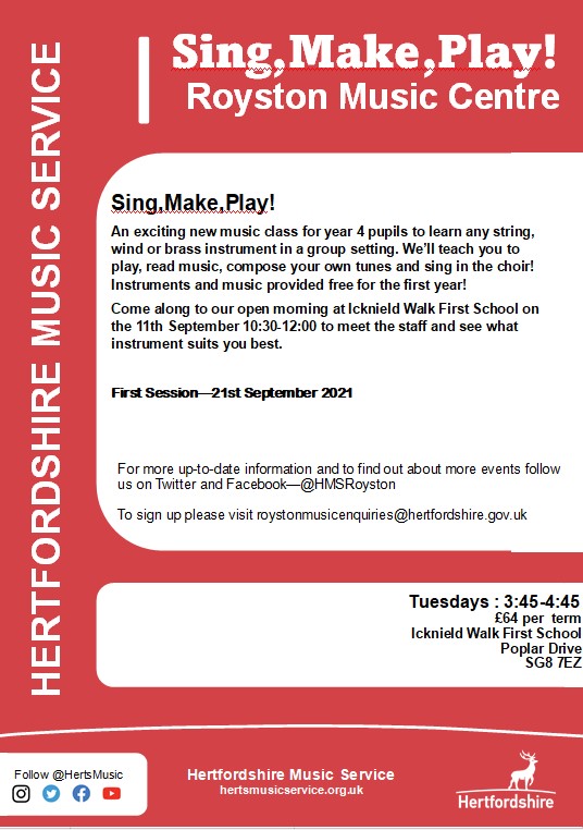 Sing Make Play is back!!! If your child is going into year 4 and wants to learn a string/wind or brass instrument then this is the thing for you! Come along to try some instruments on the 11th September. Classes start on the 21st September.