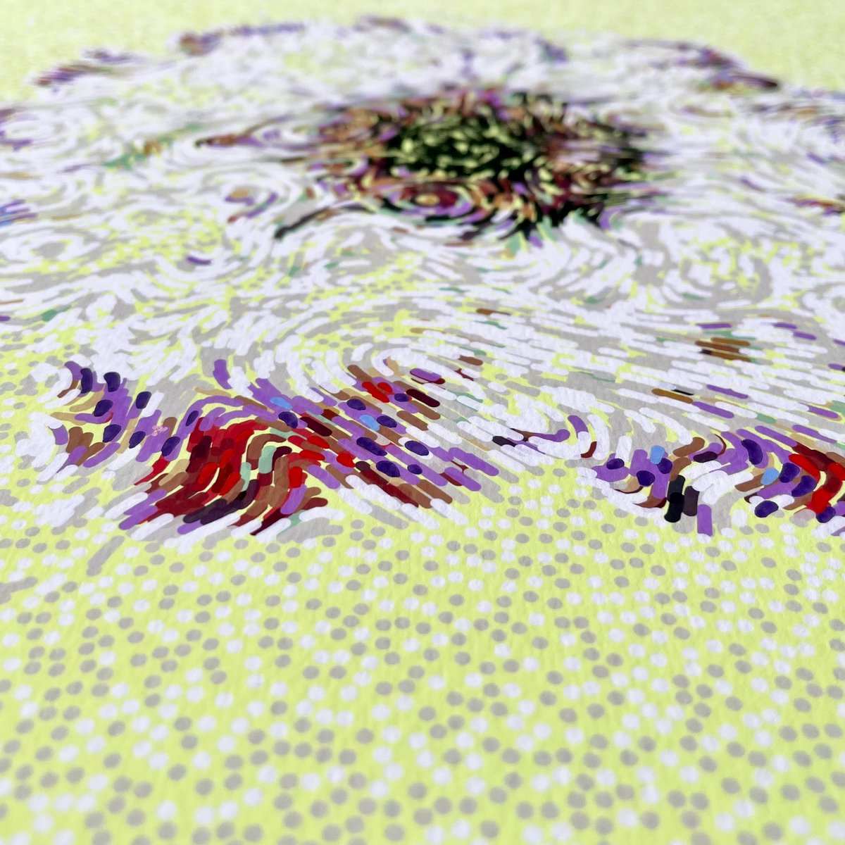 Cory_Haber's tweet image. Gerbera Daisy in Yellow - generative flower print with acrylic paint on top. 

#flowers #generativeart #flowfield #creativecoding #processing #art #acrylicpaint  #generative #algorithmicart