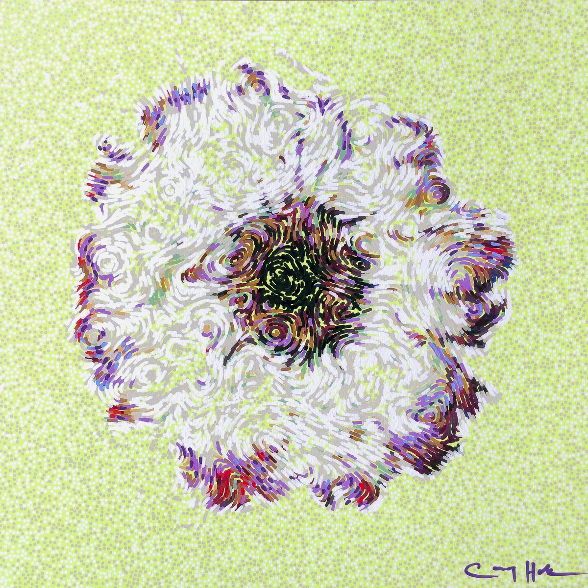 Cory_Haber's tweet image. Gerbera Daisy in Yellow - generative flower print with acrylic paint on top. 

#flowers #generativeart #flowfield #creativecoding #processing #art #acrylicpaint  #generative #algorithmicart