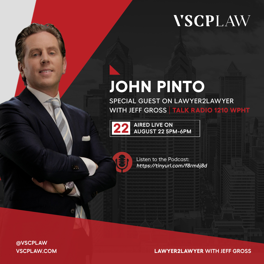 VSCPLAW's tweet image. VSCP LAW&apos;s John Pinto was the featured guest on the Lawyer2Lawyer 1210 WPHT talk radio show this past week. Check out the full podcast via the link below. #vscplaw #yourfightisourfight

drive.google.com/file/d/1dXOwFw…