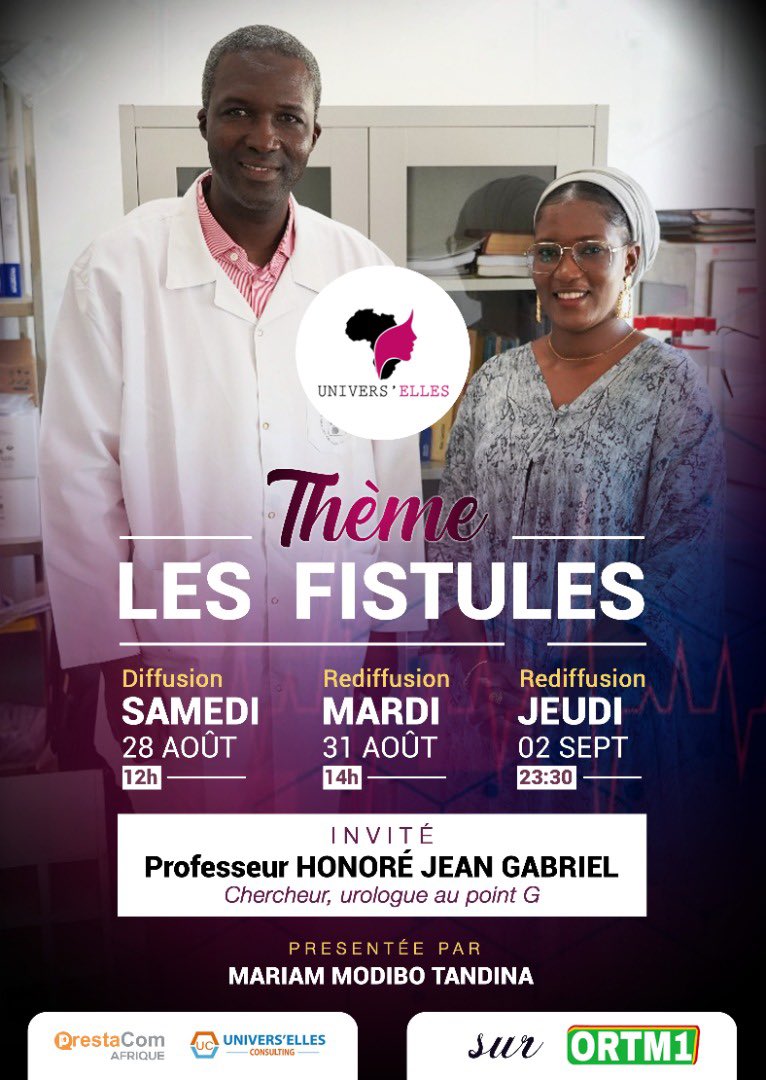Nous parlerons de fistule demain dans votre mensuel <a href="/EllesUnivers/">Univers’elles</a> à partir de 12:00 GMT sur l’ORTM1  
#fistule #fistula 
<a href="/fistulacare/">Fistula Care Plus</a> <a href="/Fistula_Fdtn/">Fistula Foundation</a> <a href="/OpFistula/">Operation Fistula</a> <a href="/FistulaFund/">Worldwide Fistula Fund</a> <a href="/fistulaethiopia/">Catherine Hamlin Fistula Foundation</a> <a href="/EndFistula/">EndFistula</a>