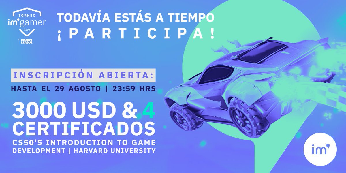 Imagemaker_tech's tweet image. ¡Todavía estás a tiempo de participar! 📲🕹🎮 Continúan abiertas las inscripciones al Torneo I’m Gamer ft. Rocket League.
Ingresa aquí y regístrate con tu dupla ganadora: battlefy.com/agencia-for-th…
#torneo #juegos #rocketleague