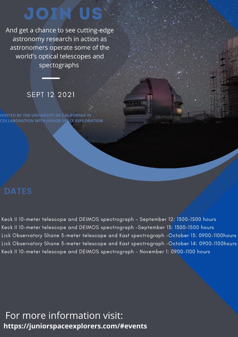 JuniorSpaceExp2's tweet image. Join us during the telescope sessions via Zoom and connect with professional astronomers in California and other parts of the world and get to ask professional scientists questions and get answered in real time.