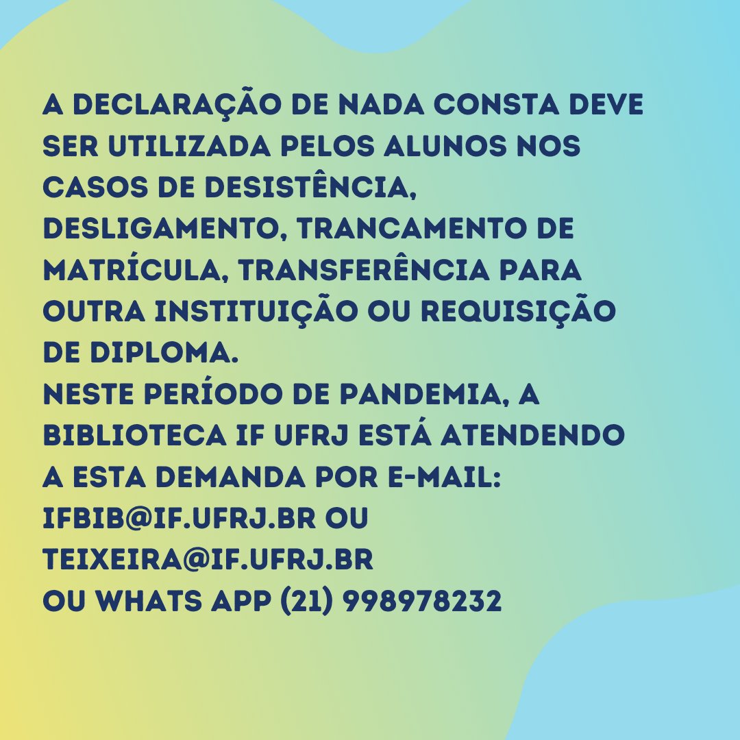 BibliotecaIF's tweet photo. Tem dúvidas sobre o Nada Consta? Vem ver esse post esclarecedor.🥰
Não esqueça de compartilhar com os seus amigos do IF UFRJ 💛
#NadaConsta #Biblioteca #BibliotecaIF #IFUFRJ #UFRJ #Física #InstitutodeFísica #Bibliotecas https://t.co/bycjSgxpV4