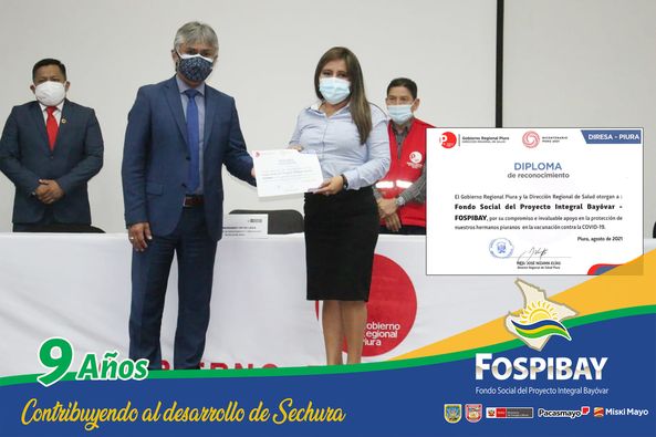 Fospibay's tweet photo. En importante ceremonia realizada en la ciudad de Piura, el Gobierno regional y DIRESA Piura entregaron un reconocimiento al Fondo Social el Proyecto Integral Bayóvar-FOSPIBAY por su compromiso y apoyo en la protección de la población a través de la vacunación contra la COVID 19. https://t.co/3RMNlp7ihD
