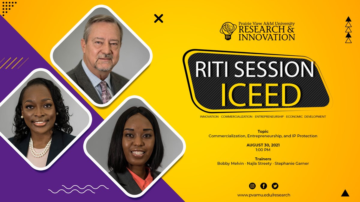 PVAMUresearch's tweet photo. Interested in commercialization, entrepreneurship, or IP protection? Don't miss the next #RITI session on Monday at 1 PM. #PVAMU #PVAMUResearch #PV_ICEED #PVontheRISE #PanthersInvent https://t.co/ynJmLEWqyR