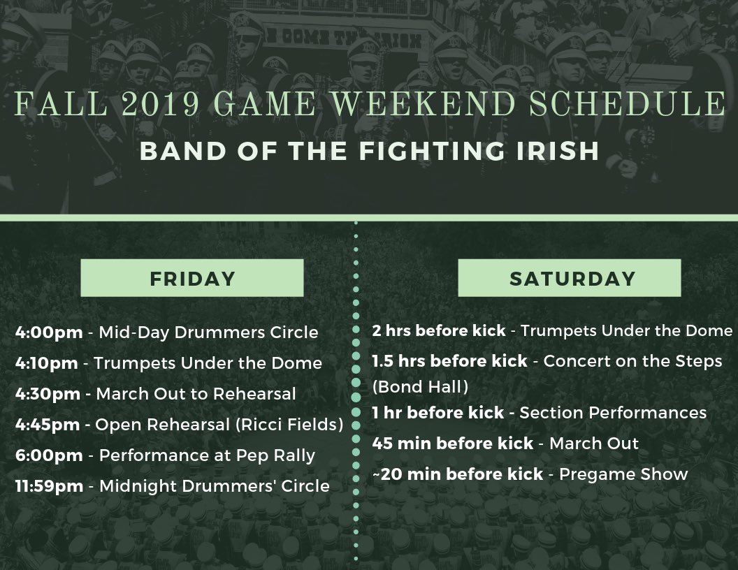 ND Band (@notredameband) on Twitter photo If you’re coming to campus for a game this fall, be sure to include us in your <a href="/gamedayND/">Experience Notre Dame Gameday</a> experience! #goirish #beatcardinals If you’re coming to campus for a game this fall, be sure to include us in your <a href="/gamedayND/">Experience Notre Dame Gameday</a> experience! #goirish #beatcardinals