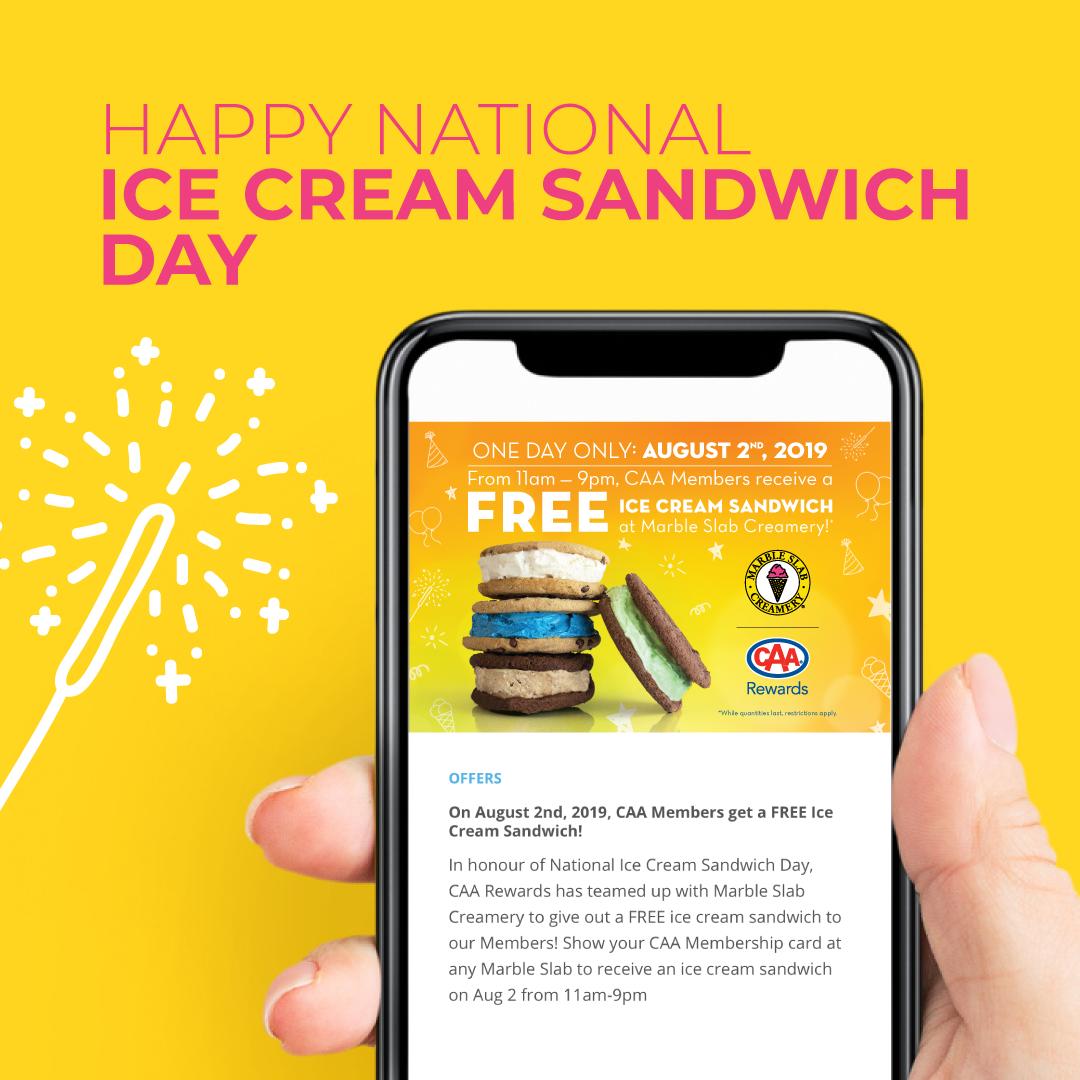 ExcentricAgency's tweet image. Designing this ad for CAA Rewards was so much fun, and now we know where to get free ice cream sandwiches! ☀️

In celebration of #NationalIceCreamSandwich Day, Marble Slab Creamery is giving away FREE Ice Cream Sandwiches to #CAA Members.

For more info: portal.caarewards.ca/sco/partner/ma…