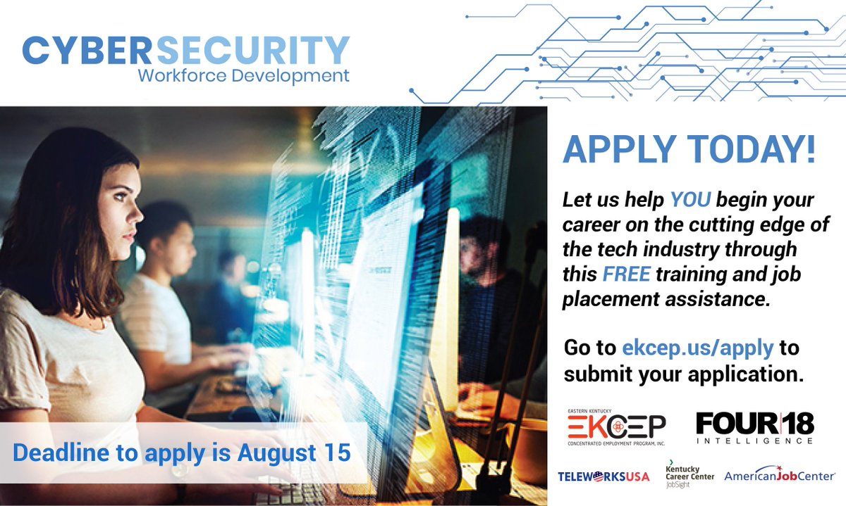 EKCEP's tweet image. EKCEP and FOUR18 Intelligence are teaming up for a new training program that will help you get on the fast track to a career in cybersecurity. We’ll cover training costs and assist with job placement services. Apply at ekcep.us/apply. Deadline is August 15.
