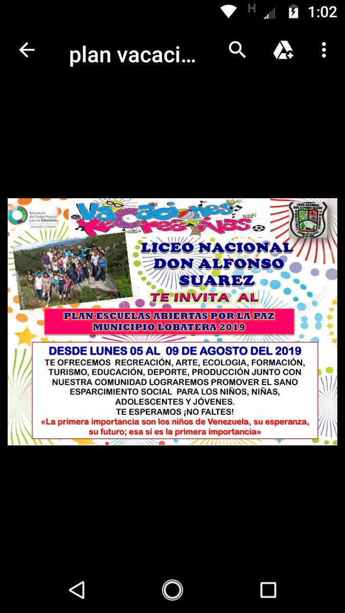 L.N.DonAlfonsoSuárez (@ln_daspotrero) on Twitter photo Te esperamos ven a disfrutar nuestro plan vacacional escuelas abiertas por la paz 2019 Liceo Nacional Don Alfonso Suárez Lobatera Aldea Potrero de las casas <a href="/divmediagralzet/">División de Adolescentes, Jóvenes y Adultos ZET</a> @ZonaEducTachira <a href="/charlychaves/">Charly Rojas Chaves</a> <a href="/nacarid78/">Natalia Chacón</a> <a href="/Circuitoseduzet/">Coord. CircuitosEducativosZET</a> <a href="/divceup/">Comunidades ZET</a> @MPPEDUCACION @psuvaristobulo Te esperamos ven a disfrutar nuestro plan vacacional escuelas abiertas por la paz 2019 Liceo Nacional Don Alfonso Suárez Lobatera Aldea Potrero de las casas <a href="/divmediagralzet/">División de Adolescentes, Jóvenes y Adultos ZET</a> @ZonaEducTachira <a href="/charlychaves/">Charly Rojas Chaves</a> <a href="/nacarid78/">Natalia Chacón</a> <a href="/Circuitoseduzet/">Coord. CircuitosEducativosZET</a> <a href="/divceup/">Comunidades ZET</a> @MPPEDUCACION @psuvaristobulo