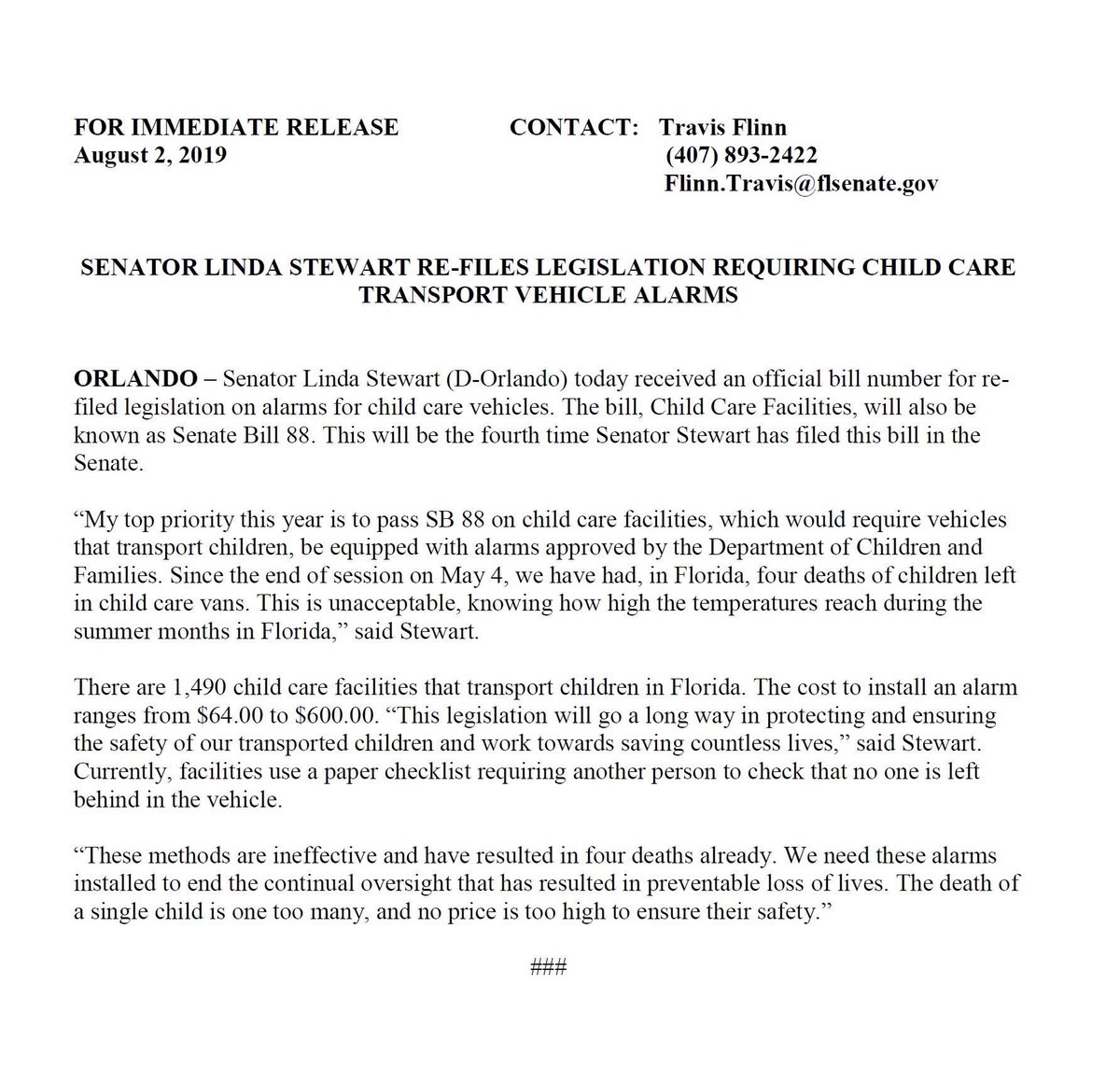 LindaStewartFL's tweet image. SEN  STEWART RE-FILES LEGISLATION REQUIRING CHILD CARE TRANSPORT VEHICLE ALARMS - “The death of a single child is one too many, and no price is too high to ensure their safety.” 
#district13 #ChildSafety #ChildSafetyAlarmAct #Noexcuses #heatstrokekills #LookBeforeYouLock