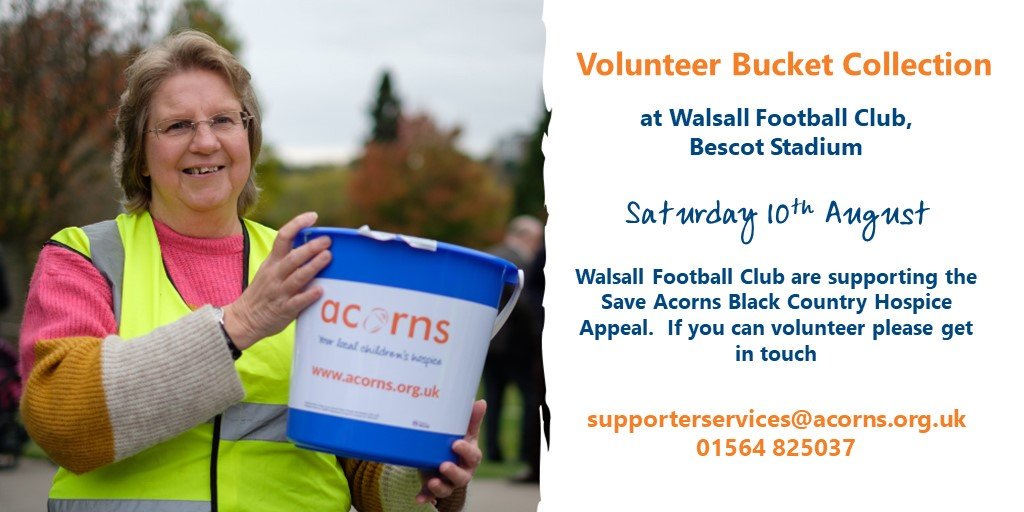 AcornsHospice's tweet image. Do you have a few hours to spare on Saturday 10th August?😊

We&apos;re looking for bucket collection volunteers to join us at 
@WFCOfficial football match at Bescot Stadium to help raise vital funds for our Save Acorns Black Country Hospice Appeal 👇

#SaveOurHospice #TeamAcorns