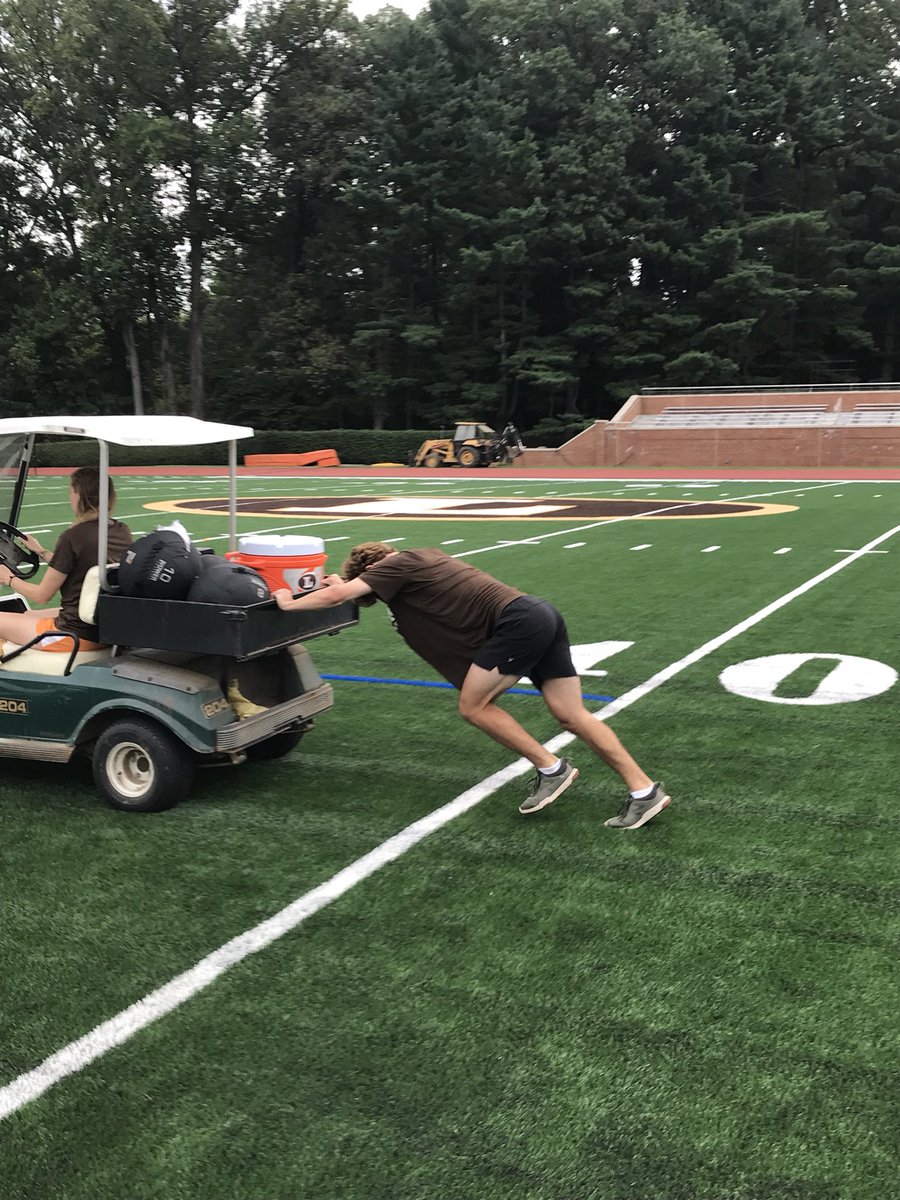 LandonStrength's tweet photo. Golf cart pushes on #strongmanfriday feat. Lucas ‘20, TJ ‘22, and Ms. Coach K’s golf cart steering skills #gobears https://t.co/7KMO53k3qJ