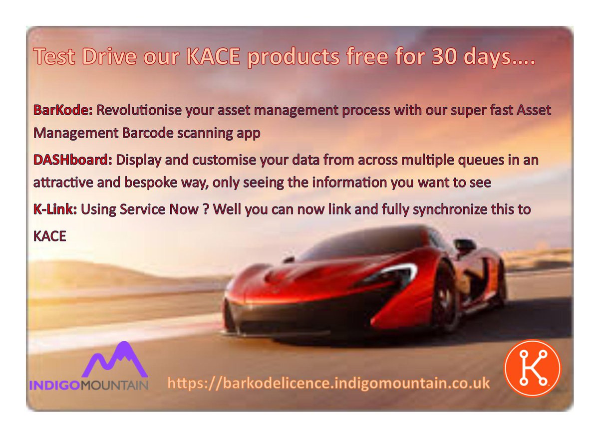 On #KACEfriday why not download your free trial of BarKode and/or DASHboard and bag yourself a deal at the end of your trial too. 

We revolutionize the way you use KACE. Making an already powerful tool even more so

#KACE #SDA #SMA #K1000 #K2000 #Endpoints #UserKon #KACEfriday