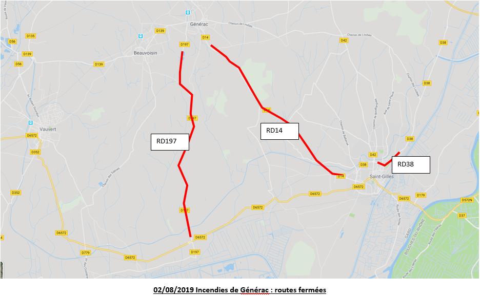 InfoRouteGard's tweet image. 3 routes coupées secteur de Générac: D14 / D197 / D38, carte jointe;