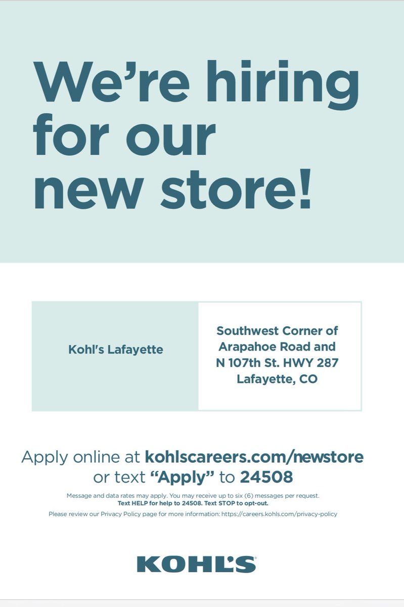 The new #LafayetteCO #Kohl’s is hiring 15 Retail Sales Associates and 8 Stockroom Operations Associates! Interviews start August 4 - apply today and tell your friends