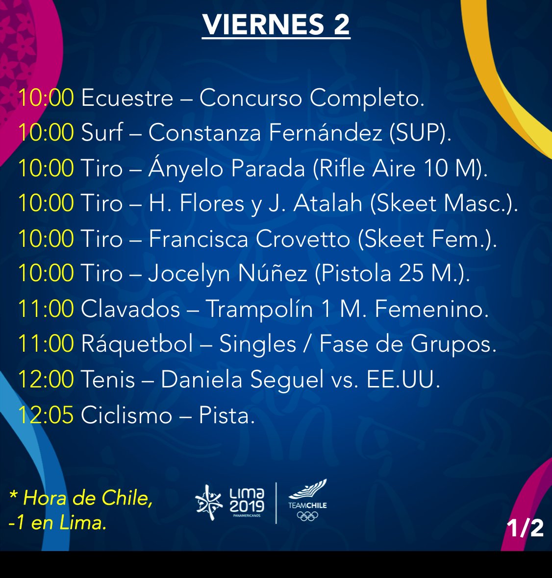 daviziofigueroa's tweet photo. programación de hoy para los deportistas del @TeamChile_COCH en los #JuegosPanamericanos2019 !

éxito para todas y todos! 👏

#VamosTeamChile #PanamericanosXCHV https://t.co/WfV5RagexB