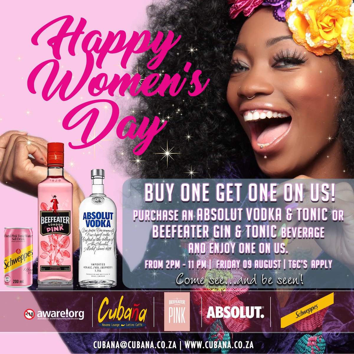 CubanaDurban's tweet photo. Women’s Day is once again upon us! Spoil yourself & your girlfriends with our #womensday pink drinks special, purchase an @AbsolutSA vodka & @SchweppesSA tonic or Beefeater Gin & @SchweppesSA tonic beverage & enjoy 1 on us! #ComeSeeAndBeSeen #BeAbsolut https://t.co/peOmfd77kW