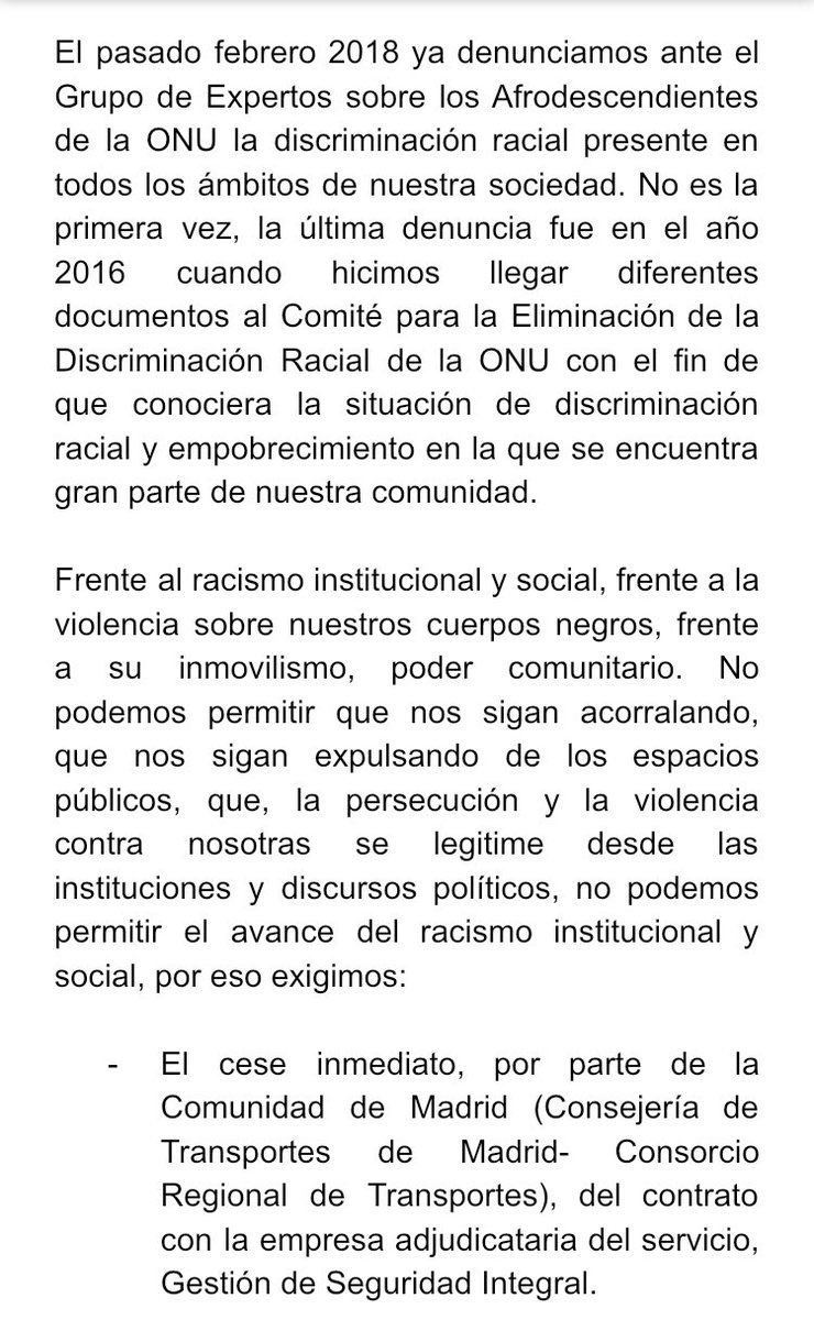 RitaBosaho's tweet image. Frente al R.Institucional y social, frente a la violencia sobre nuestros cuerpos negros, frente al inmovilismo, poder comunitario.
No podemos permitir que nos sigan expulsando de los espacios públicos

Hemos sacado el siguiente comunicado.

#PoderNegro
#NoAlracismoInstitucional