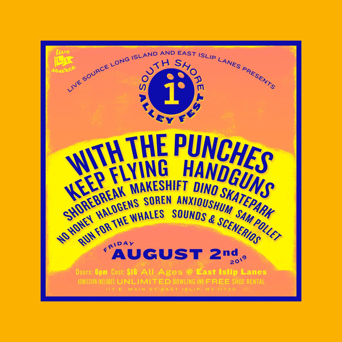 HalogensNJ's tweet image. Halogens / @KeepFlyingBand / @withthepunches weekend starts TONIGHT on Long Island with @SouthShoreFest,
2 stage festival with free bowling ft.  @Handxguns @SORENBANDLI @soundsscenarios + more. Asbury Park, NJ tomorrow! 🥳🕺🏻🎳

Photo: @ShannonCarr__ 
Poster: @chrisappap
