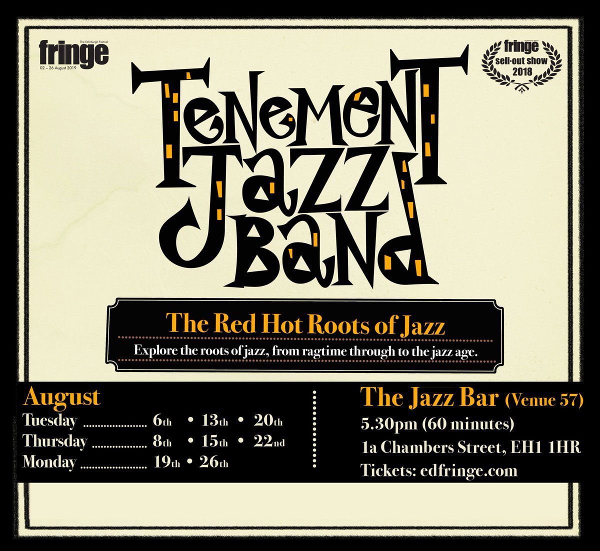 The 2019 @edfringe kicks off TODAY, and we begin our 8 show run at The Jazz Bar THIS TUESDAY at 5.30pm. Tickets are selling fast, and the first date is a 2for1 date so be quick if you're planning to come to our first show. #edfringe #traditionaljazz #edinburgh #thejazzbar